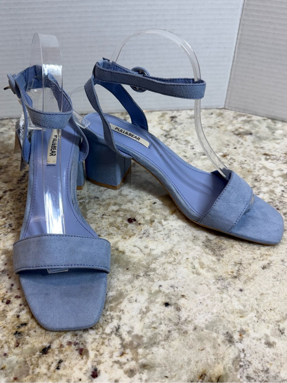 Blue Faux Suede Square Toe Block Heel Ankle Strap Sandals Mid Heel EU38 US 7.5